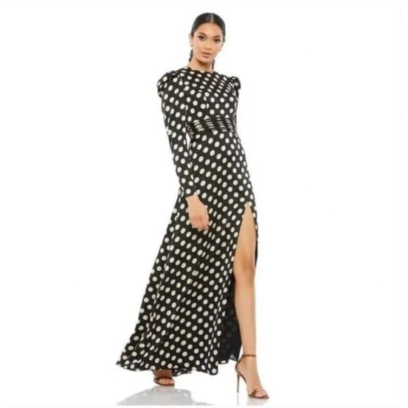 Mac Duggal Dresses & Skirts - Mac Duggal 26572 Polka Dot Maxi Dress Size 6 Puff Sleeve Slit Gown Black